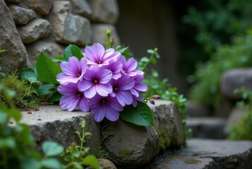 A cluster of delicate lavender blossoms rests gently on a weathered stone, nestled amidst verdant foliage and mossy rocks, creating a serene and tranquil garden scene.