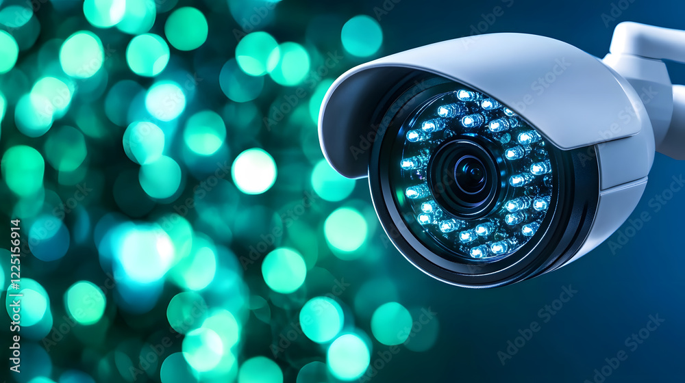 Poster a close-up of a surveillance camera with blue led lights, set against a backdrop of soft, blurred gr