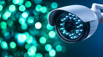 A close-up of a surveillance camera with blue LED lights, set against a backdrop of soft, blurred green bokeh lights, emphasizing security and technology