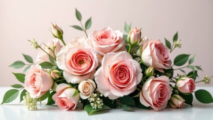 A delicate arrangement of blush pink roses, subtly accented with verdant foliage and tiny white blossoms, creating a romantic and elegant floral display.