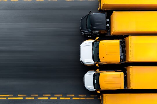 Trucks move in parallel lanes on a busy highway during the daytime with a focus on their bright yellow colors