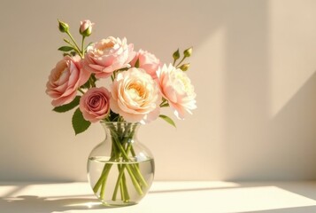 Fototapeta premium A delicate bouquet of pastel roses in a clear glass vase, bathed in sunlight