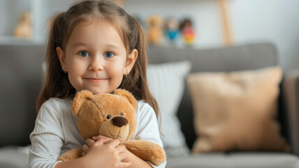 little girl with joyful expression holds teddy bear while sitting on sofa, creating cozy atmosphere