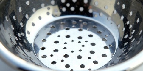 Close-up view of a perforated metallic bowl, showcasing its reflective surface and evenly spaced holes.