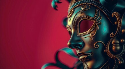 Naklejka premium A mask with gold and blue decorations is shown on a red background. The mask has a gold nose and a blue eye. Scene is mysterious and intriguing