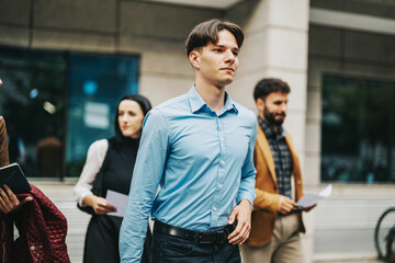 A group of business professionals confidently walking outdoors, engaged in a focused discussion...