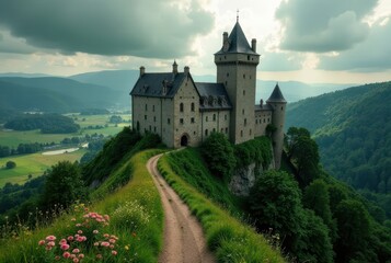Fototapeta premium A Majestic Stone Castle Perched Atop a Verdant Hillside, Overlooking a Serene Valley with Rolling Hills and Lush Greenery