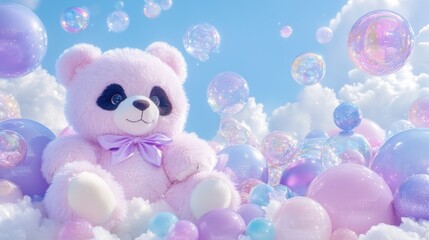 Fototapeta premium Adorable pink teddy bear amidst colorful bubbles and fluffy clouds under blue sky