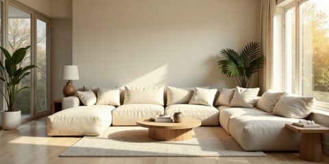 Modern minimalist living room interior design featuring a large beige sectional sofa, wooden coffee table, and natural light from a large window