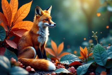 A majestic red fox, with a luxurious tail, sits serenely amidst a vibrant autumnal landscape, surrounded by rich foliage and the warm glow of the setting sun.