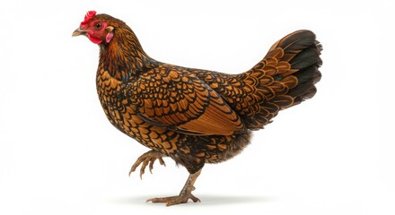 Golden Laced Wyandotte Hen Walking Isolated on White Background