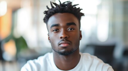 Fototapeta premium Young African American man with short curly hair in a modern office setting displaying a serious expression while preparing for an interview or test.