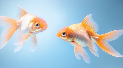 Fototapeta premium Graceful pair of goldfish in clear blue water captured with delicate details and soft lighting