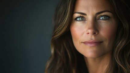 Fototapeta premium Elegant portrait of a 40-year-old Caucasian woman with long wavy hair and captivating blue eyes against a dark background.