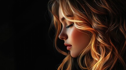 Naklejka premium Profile portrait of a beautiful young woman with wavy blonde hair against a dramatic black background showcasing soft facial features and serene expression.