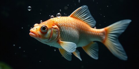 Fototapeta premium An orange and white fish swims gracefully in dark water, air bubbles gently rising around it, highlighting its vibrant scales and elegant fins.