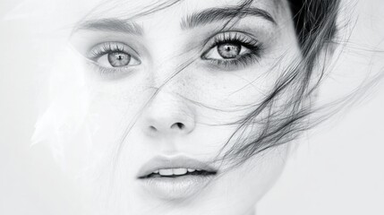 Fototapeta premium Captivating close-up portrait of a young woman with striking eyes and flowing hair against a soft white background, showcasing natural beauty and elegance.