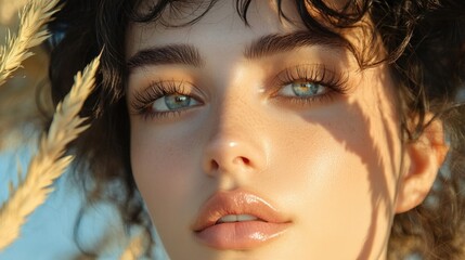 Fototapeta premium Close-up portrait of a beautiful young woman with focused green eyes, well-defined eyebrows, and luscious eyelashes, natural sunlight emphasizing smooth skin and soft curls surrounded by golden grass.
