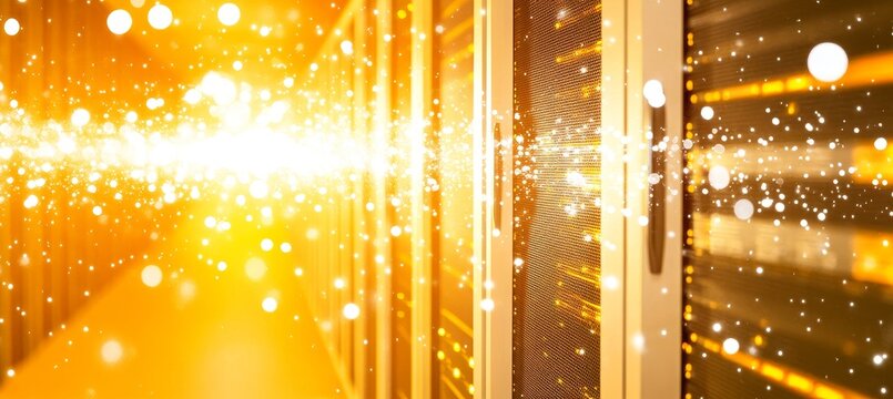 Server Room Glow Futuristic Data Center with Bright Orange. Light Trails and Bokeh Effects.