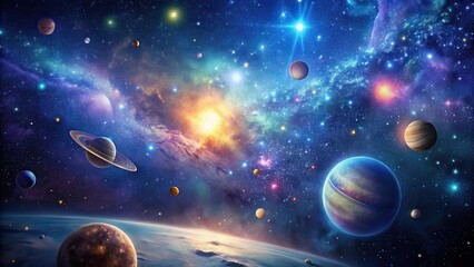 Iridescent Galaxy Night Sky with Glittering Stars and Planets , starry night, astronomy,  starry night, astronomy