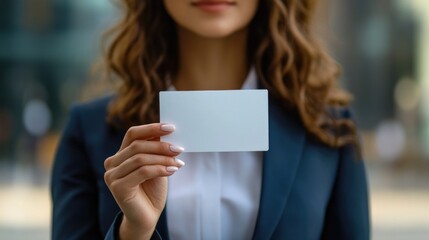 Professional portrait of a confident young adult business woman wearing a dark suit holding a blank white card outdoors with a soft focus background