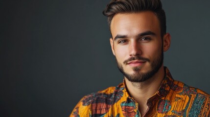 Fototapeta premium Charismatic young man with stylish beard wearing vibrant ethnic patterned shirt against a dark gray studio background showcasing cultural expression.