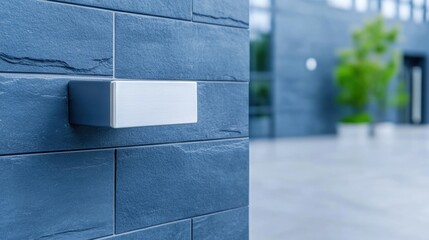 Modern stainless steel door handle on elegant blue brick exterior wall