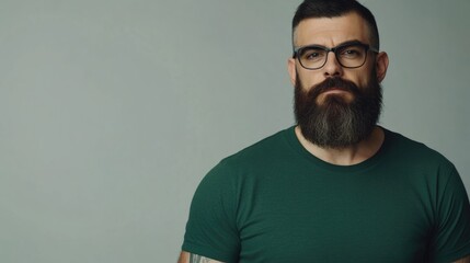 Stylish bearded man with glasses wearing casual green t-shirt posing thoughtfully against a gray background with copy space for advertising purposes