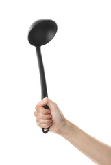 Ladle, turner, kitchen utensils isolated on white. Kitchen spatula on isolated white background. Black plastic kitchen spatula isolated on white background. A set of kitchen utensils.