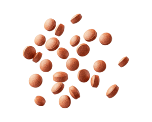 A collection of small, round, reddish-brown tablets scattered on a surface.