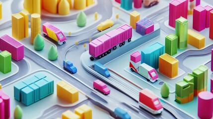 Fototapeta premium Logistics icons, vibrant interconnected pathways, 3D illustration. 