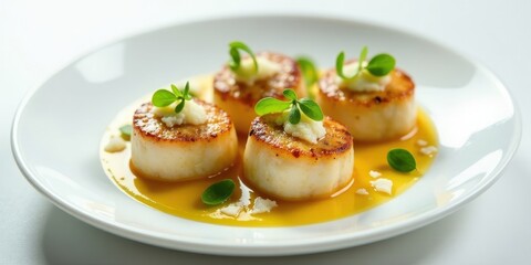 Gourmet Pan-Seared Scallops with Citrus Butter Sauce and Fresh Herb Garnish on Elegant White Plate