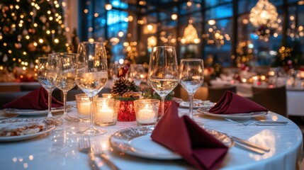 Elegant holiday dining setup with candles and festive decorations in luxurious restaurant