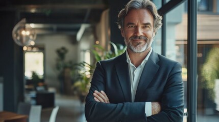 Confident senior businessman in professional attire smiling with crossed arms in a modern office setting featuring greenery and natural light.