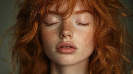 Naklejka premium Redhead woman with freckles showcasing serene expression and closed eyes, soft curly auburn hair, neutral background emphasizing calmness and beauty.