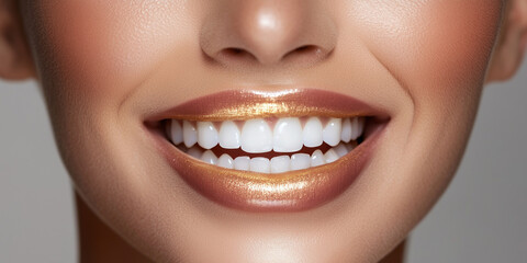 Naklejka premium Teeth whitening concept. Woman smiling widely with perfect teeth. Close up