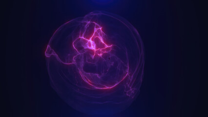 Purple glowing abstract sphere shape resembling energy waves on a dark background