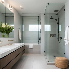Open Bathroom Design – A bathroom with a frameless glass shower, a floating vanity, and no visible grout lines.