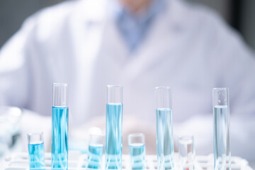 Close-up Laboratory test tube with blue liquid for chemistry chemical medicine research