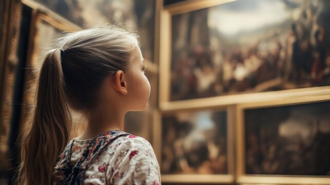 Tweenage girl admiring historical paintings in art gallery with wooden frames and soft lighting, exploring cultural heritage and artistry indoors.
