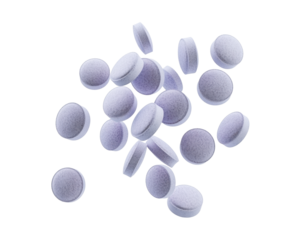 A collection of purple tablets scattered on a surface.