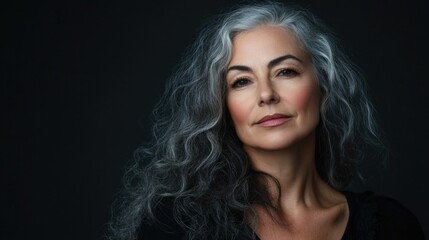 Fototapeta premium Elegant portrait of middle-aged woman with silver curly hair in black stage costume on dark background showcasing beauty and fashion concepts