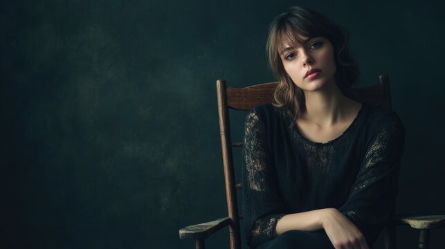 Elegant portrait of contemplative young woman with short hair seated in rustic wooden chair against dark moody backdrop showcasing deep tones and textures.