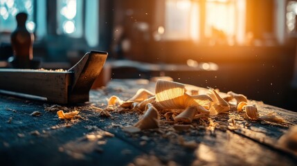 Warm Sunlight Illuminates Wood Shavings in Cozy Workshop Scene