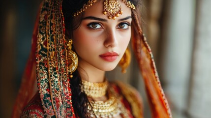 Young beautiful woman adorned in ornate jewelry and traditional attire with intricate patterns, featuring a vibrant red and gold color palette.