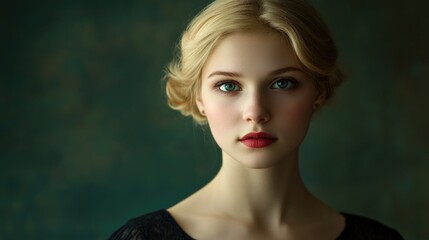 Fototapeta premium Young blonde woman with elegant hairstyle and striking blue eyes in soft focus portrait against a rich dark green backdrop showcasing timeless beauty.