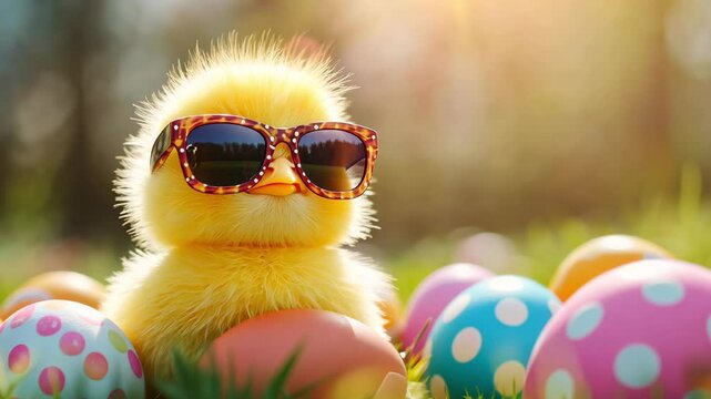 Cool yellow chick with sunglasses with colorful easter eggs