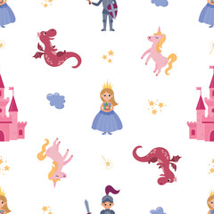 Seamless pattern with princesses, knights and dragons. Design of fabric, textiles, wallpaper, packaging

