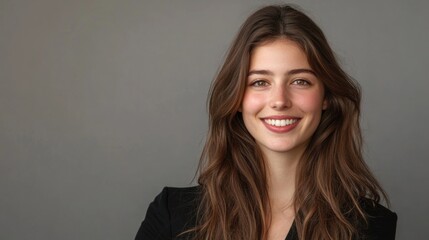 Obraz premium Smiling young woman with long brown hair in professional attire against a gray background showcasing confidence and positivity in business setting
