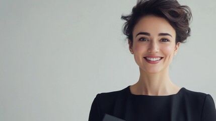 Fototapeta premium Professional Portrait of Confident Young Businesswoman Smiling with Folder Against Soft Gray Background, Modern Office Setting, Natural Light
